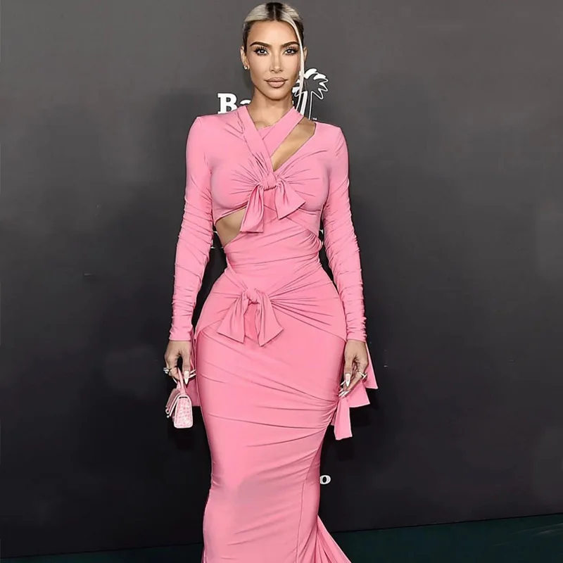 Sexy Hollow Out Lace Up Party Dress Long Sleeve Temperament Tailing Evening Gown