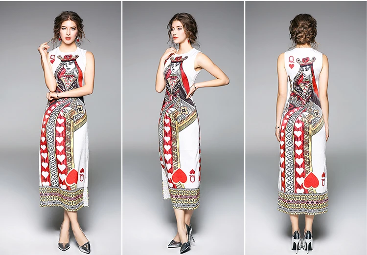 Poker Flowers Print Sleeveless Runway Dress