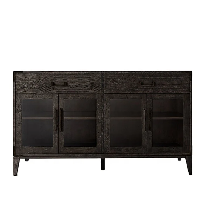 New Arrival Home Furniture Living Room Stainless Steel Handles Sideboard Glass Doors Solid Oak Legs Wood Cabinets