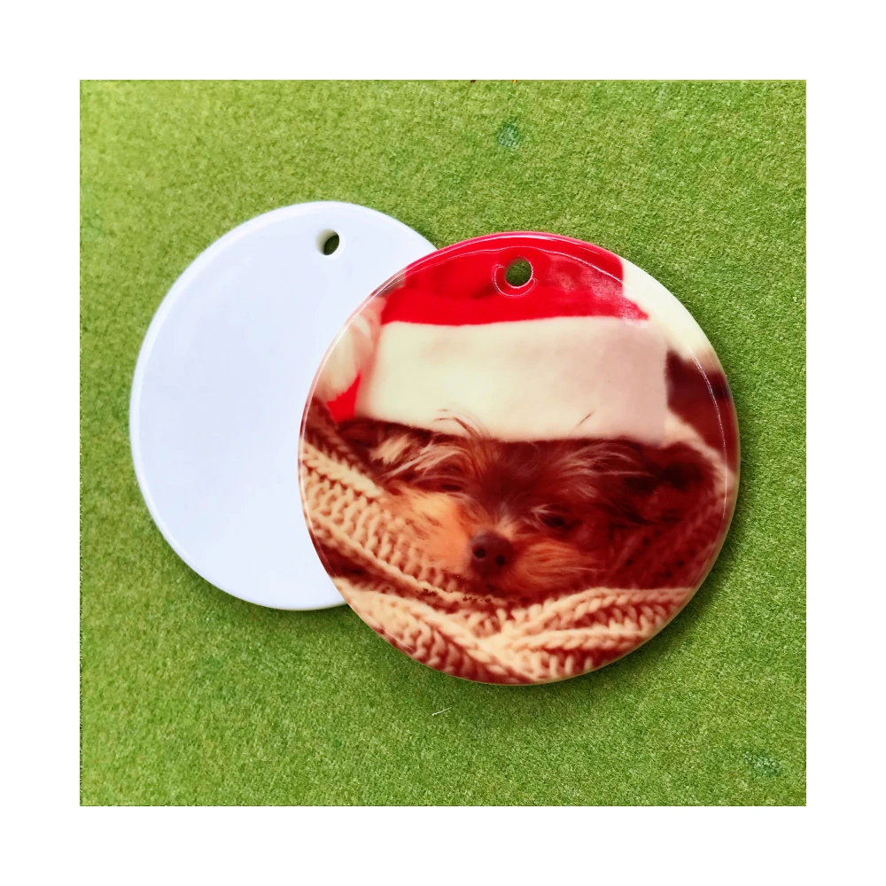 Популярные круглые рождественские украшения, 3 дюйма, 73 мм, блестящие белые фарфоровые сублимационные заготовки, 3 дюйма, рождественские Этикетки Из сублимационной керамики