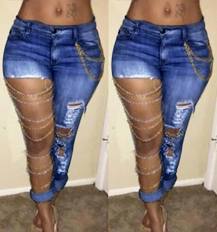 2022 Wholesale Europe and America Exaggerated Large Hole Jeans Female Chain Charm Elastic Cotton Feet Pants