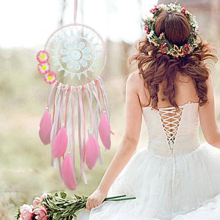 Factory Pink Single Ring Feather Dream Catcher With Flower Romantic Gift Wedding Decoration Interior Pendant Hanging Car Decor