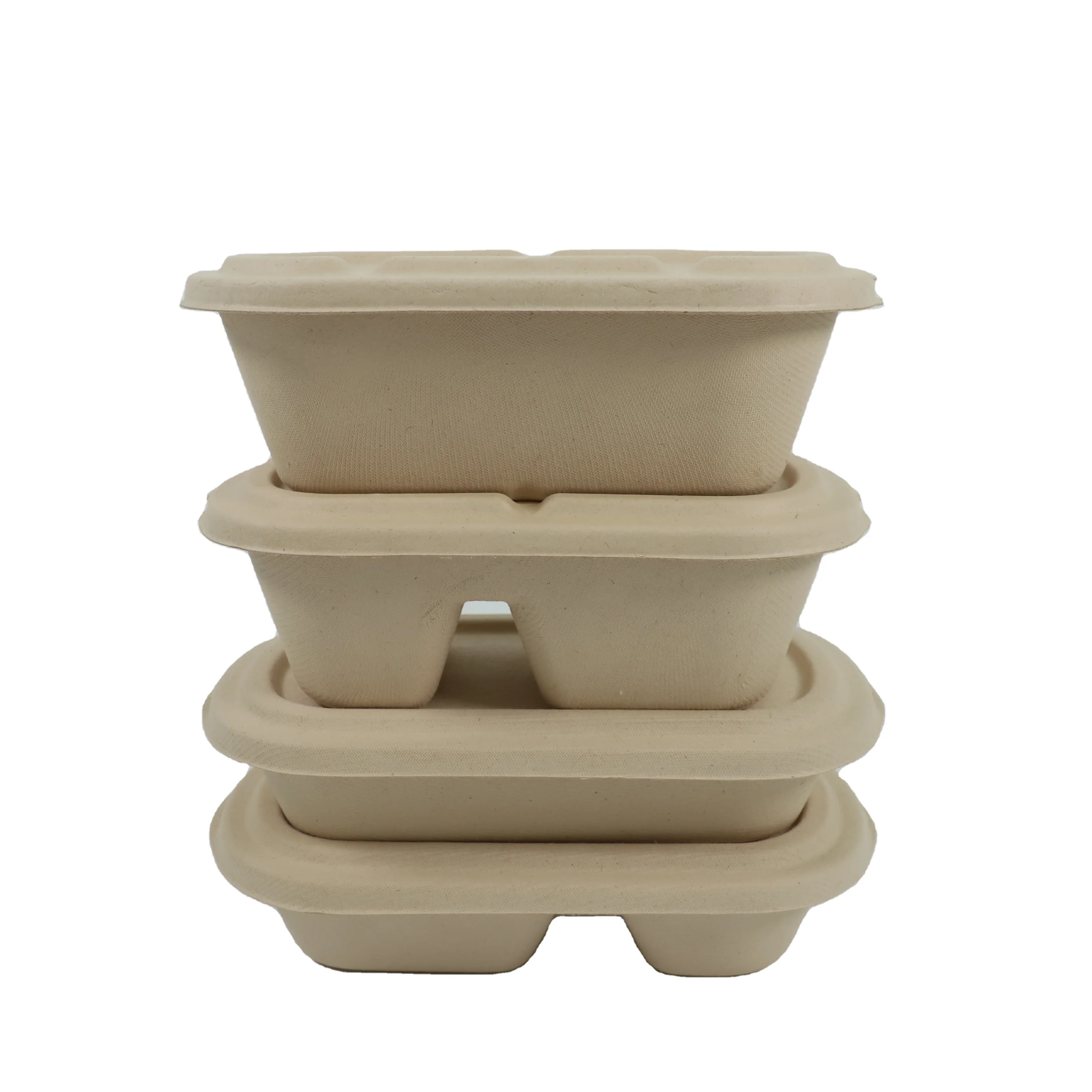 Biodegradable Disposable 3 Compartment Tableware Tray Bamboo Paper Pulp with Sugar Cane Bagasse Lid Eco-Friendly Bagasse Box