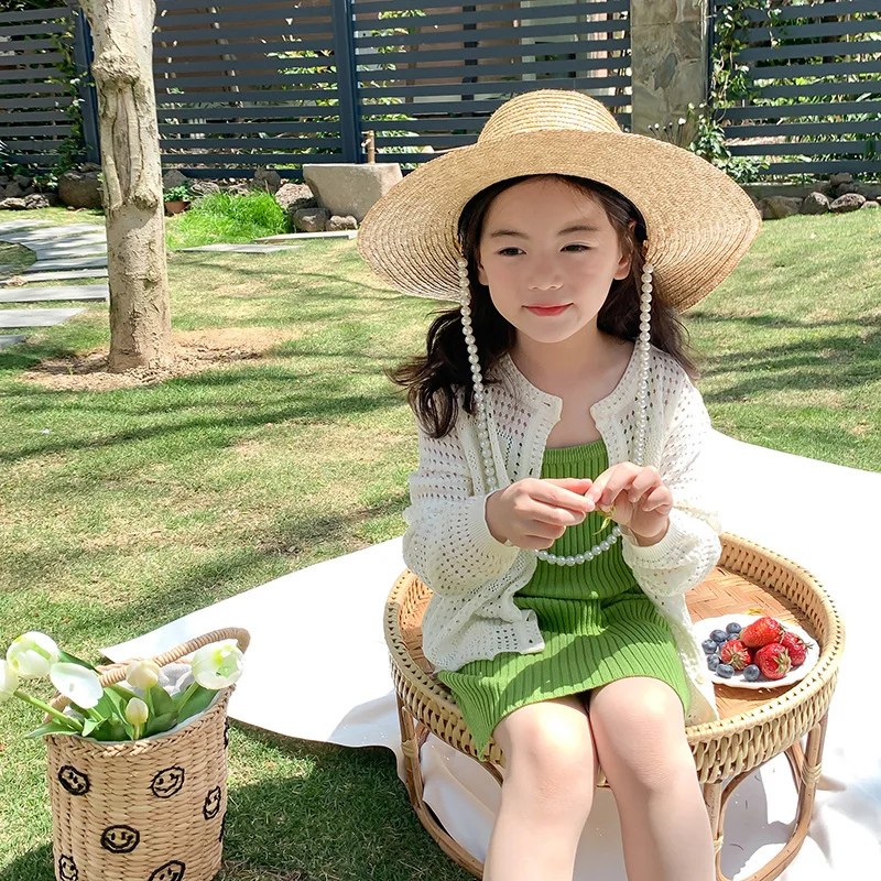 2023 Toddler Children Girl Summer Knit Hollow Beige Think Cardigan Sweater 2-8 Years