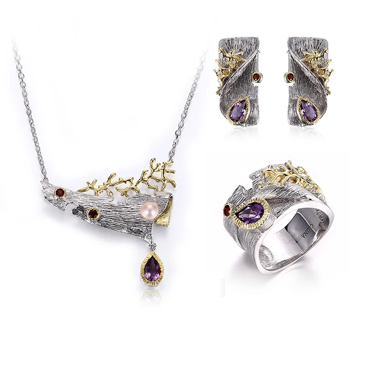 Italian Handmade Amethyst Gemstone 925 Sterling Silver Jewelry Set with Yellow Gold Plated