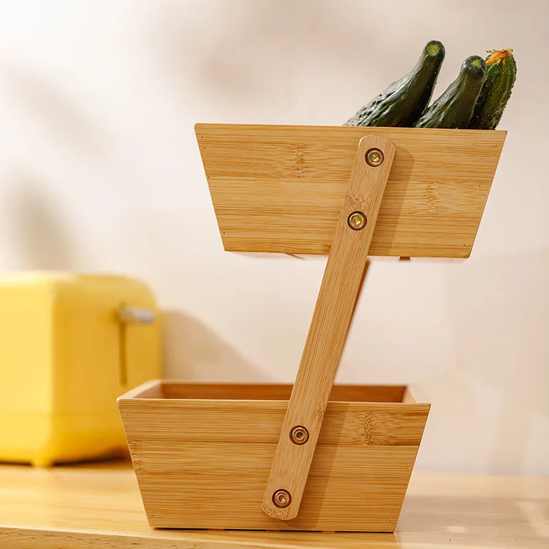 2 tier bamboo natural fruit storage basket/ wedding wooden fruit basket decoration