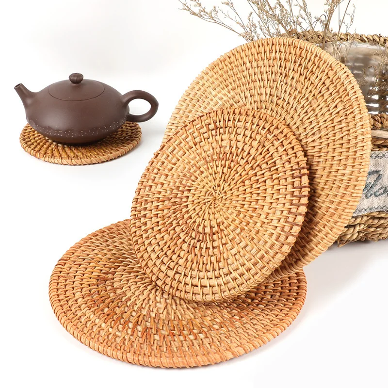 Natural hand woven rattan coasters Hand made natural rattan cup Mat epoxy resin coasters