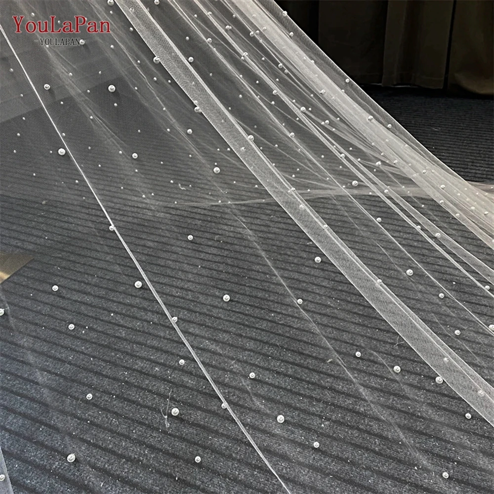 Роскошная Фата YouLaPan V139 ручной работы с бисером длиной 3 метра Фата для собора покрытая жемчугом белая Длинная свадебная фата цвета слоновой кости