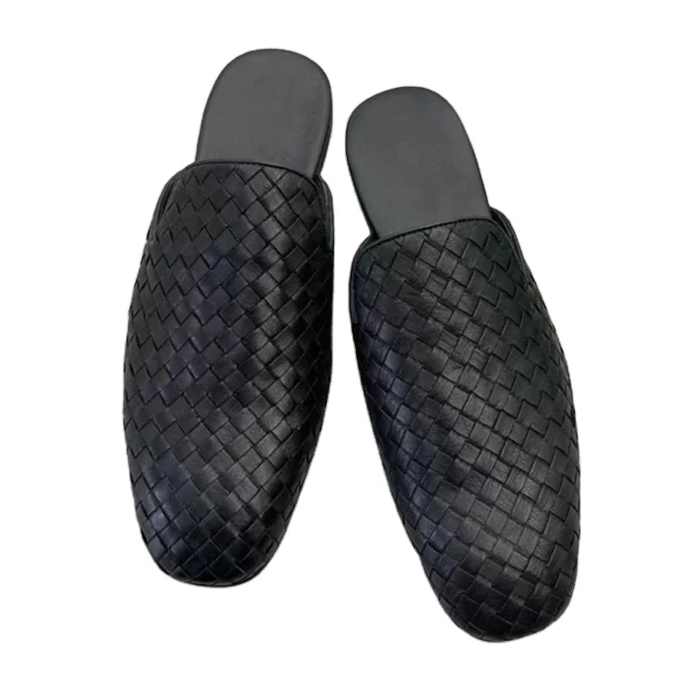 Handmade Mens Flat Leather Woven Chittai Mat Mules Shoes Weave Round Roe Fashion Slippers for Men Moccasin Shoes