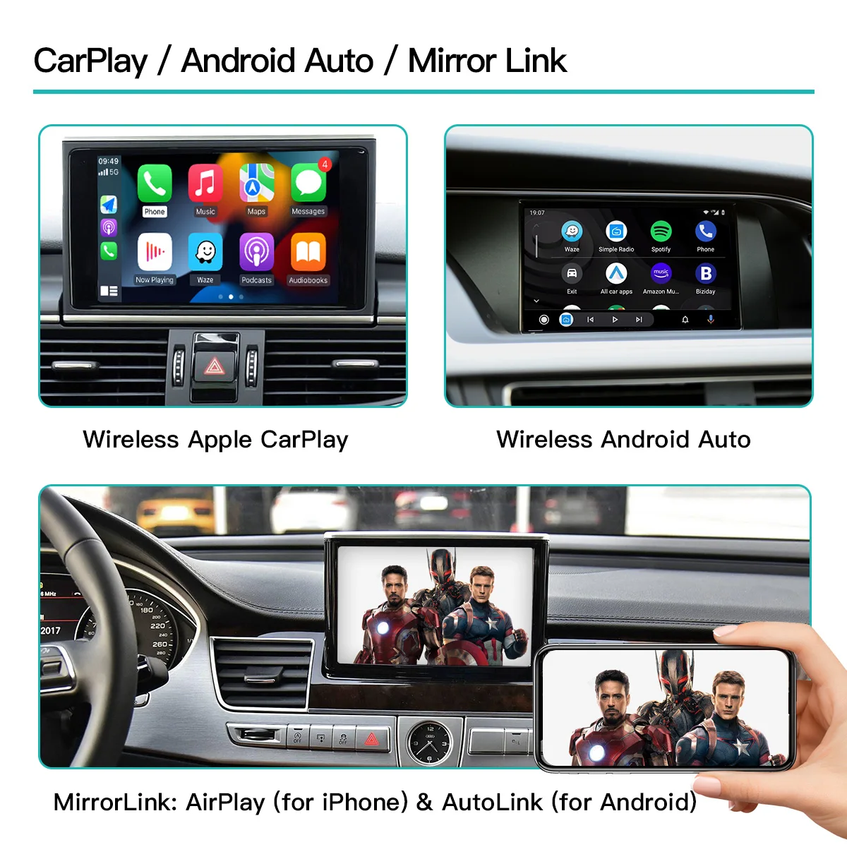 Wireless Carplay Android Auto For A4 A4L A5 S5 A6 A7 Q2 Q3 Q5 Q7 A1 A3 MMI System Mirror Link USB Siri Voice Command Module Box