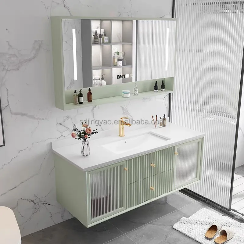 Light luxury bathroom intelligent mirror cabinet combination simple solid wood glass door bathroom