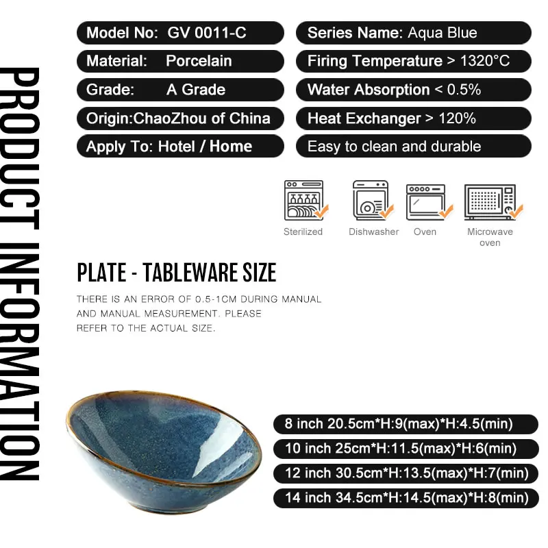 High quality ceramic blue big kitchen soup ramen bowls and porcelain with reactive glazes serving fruit salad bowl