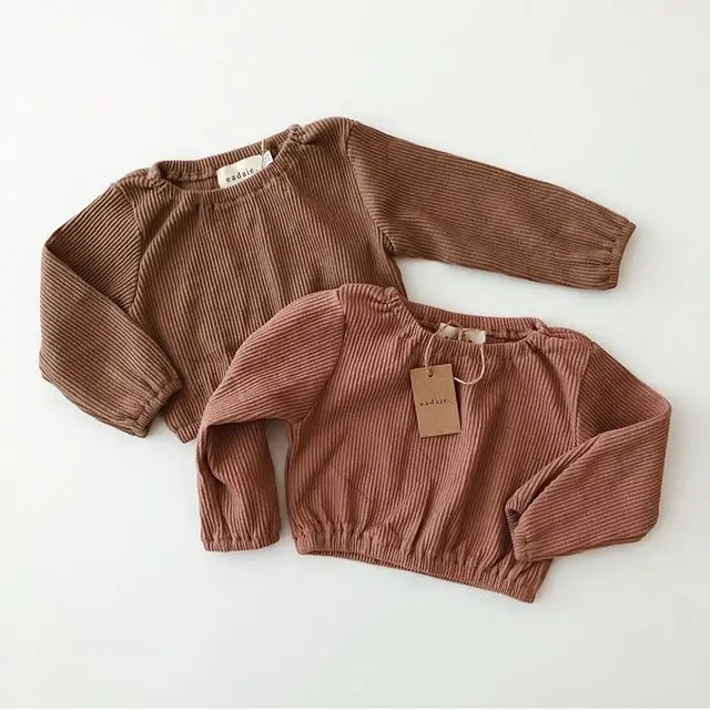 Winter Thick Rib Pattern Blush Tops Kids Boys Girls Casual Sweater Elastic Hem Shirts