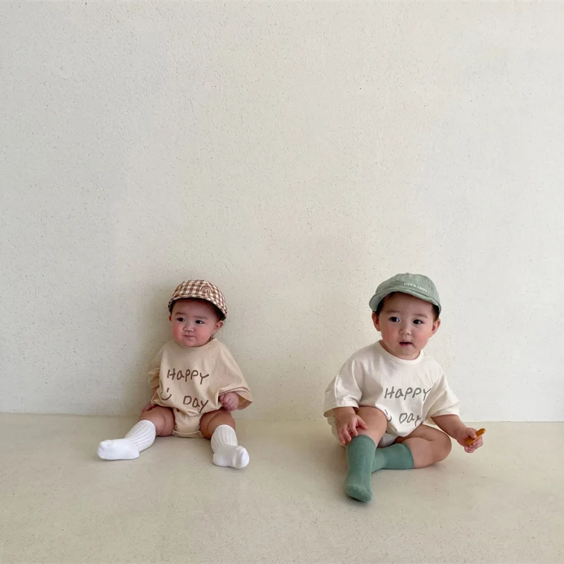 Wholesale Baby Bodysuit Short Sleeve Romper Children Soft Cotton Jumpsuit Happy Day Print Design 1 Year Old Baby Clothes