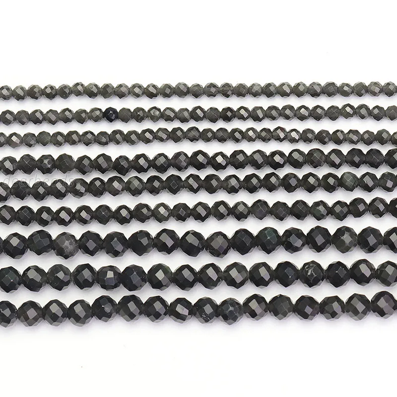 2mm 3mm 4mm Wholesale Natural Faceted Black Gold Silver Obsidian Beads Strands, Faceted Stone Bead for Jewelry Making