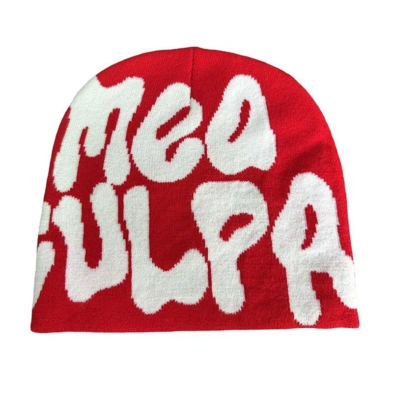 Unisex Mea Culpa Jacquard Beanie Hat All-Print Designer Acrylic-Dot Pattern Beach Wear 3D Embroidery Technique Business