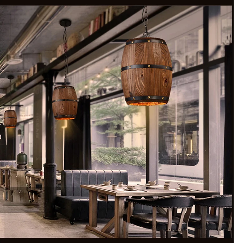 Wood Wine Barrel Hanging Fixture Pendant Lighting Suitable For Bar Cafe Lights Ceiling Restaurant Barrel Lamp Exhibition Display