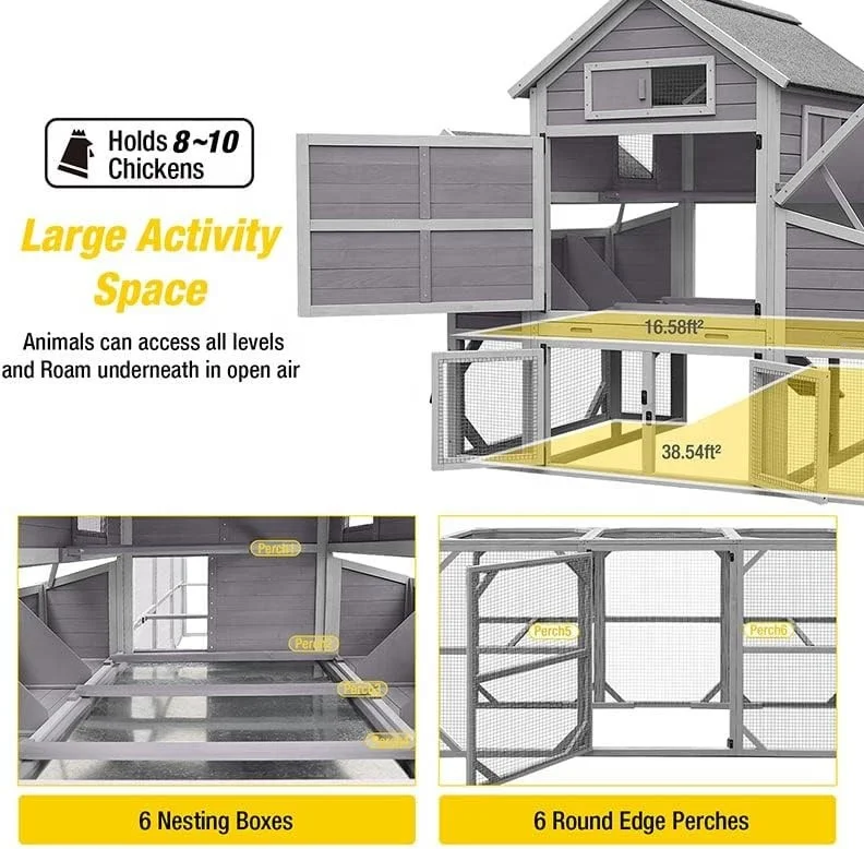 Super Large Outdoor Chicken Cage for 10 Chickens with Two Nesting Boxes Outdoor Hen House Wooden
