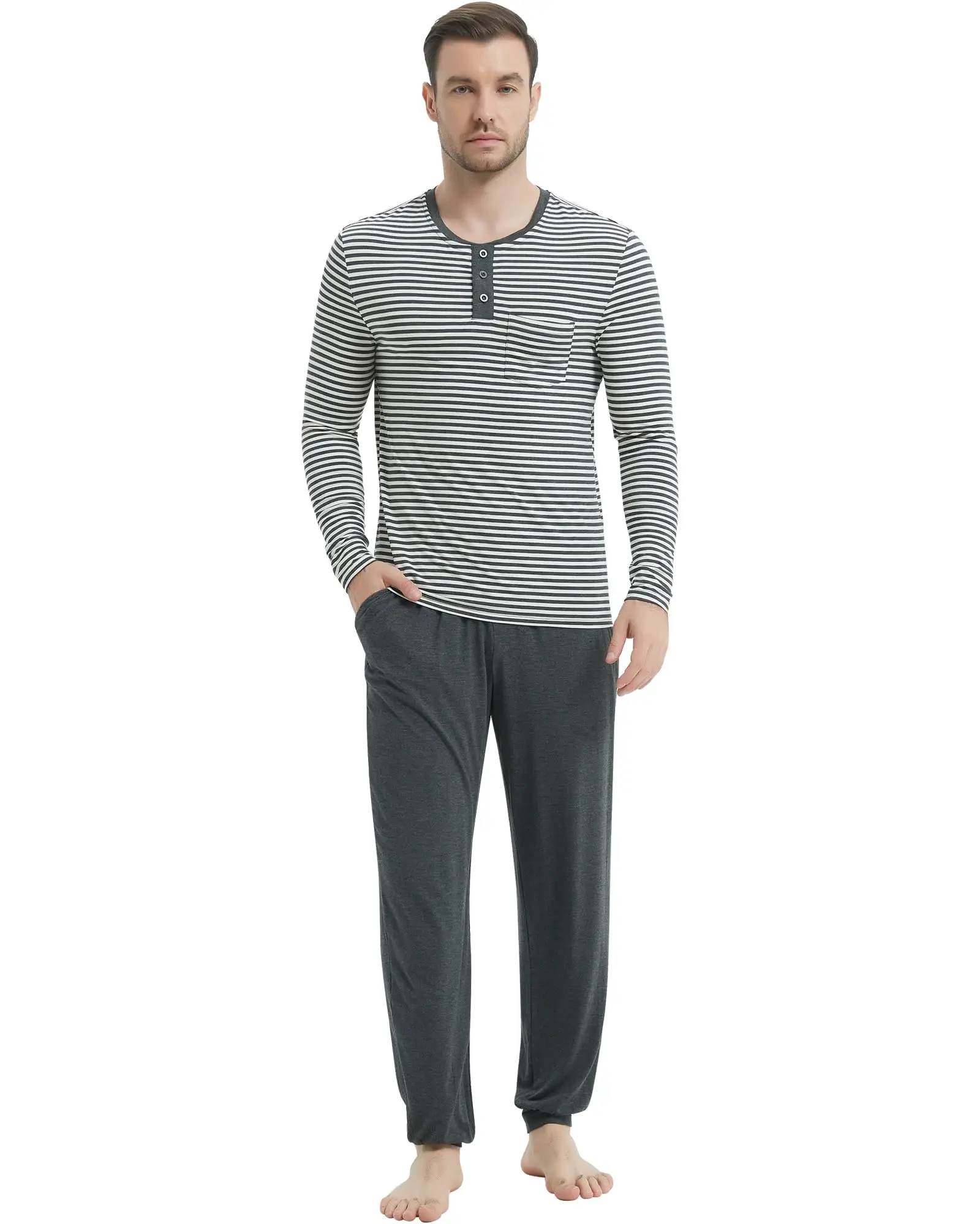 Cotton Mens Pajamas Set Long Sleeve Henley Sleepwear Top Soft Jogger Pants Pajamas Cool Pj Set Bamboo Loungewear Set