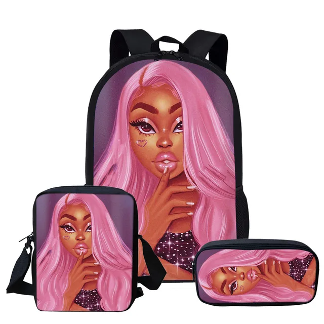 Black Art African American Girl Afro Girls Backpack 16 Inch Bookbag Pencil Case For Students Kids School Bags Set