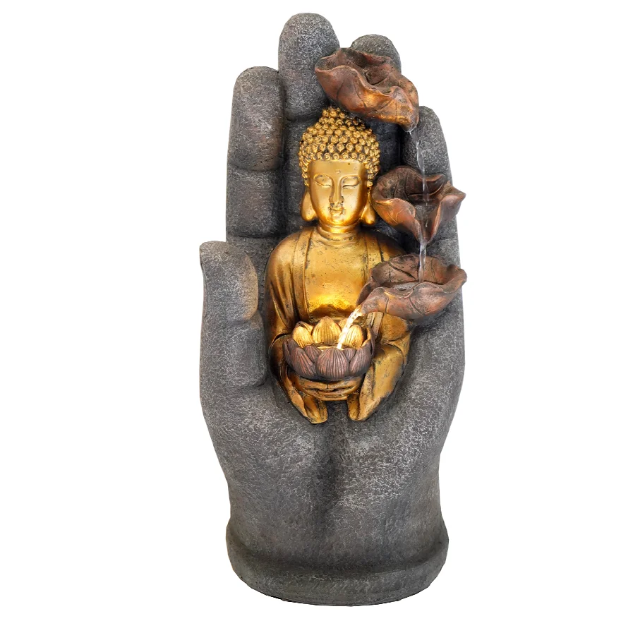 Unique design Palm Buddha statue water waterfall fountain home garden decoration LED light relaxation fountain