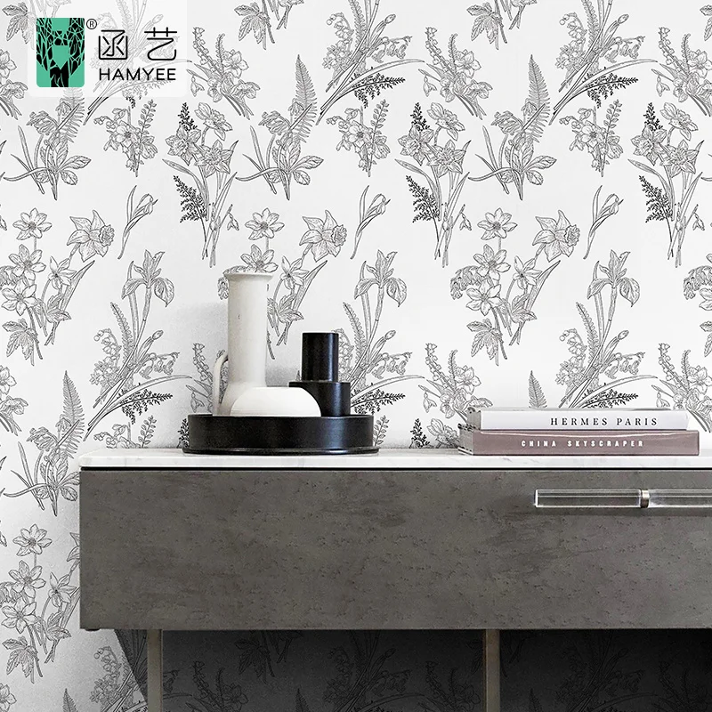 Custom black floral peel and stick vinyl wallpaper digital print wallpaper
