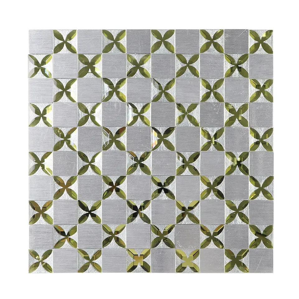 Glass mosaic Shinny square  leaf Pattern Silver Mixed metal and glass mosaic