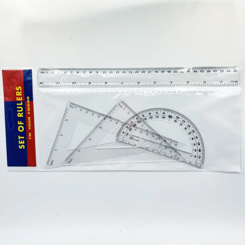 Geometry Ruler Set Promotional Plastic Straight Ruler With Inch And Cm Scale 30cm With Custom Logo 4pcs Ruler Set