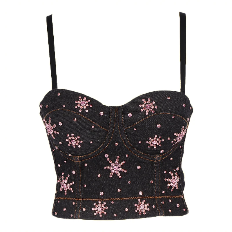 Customized wholesale fashion Cowboy corset pink diamond Decoration Sexy corset tops for Ladies