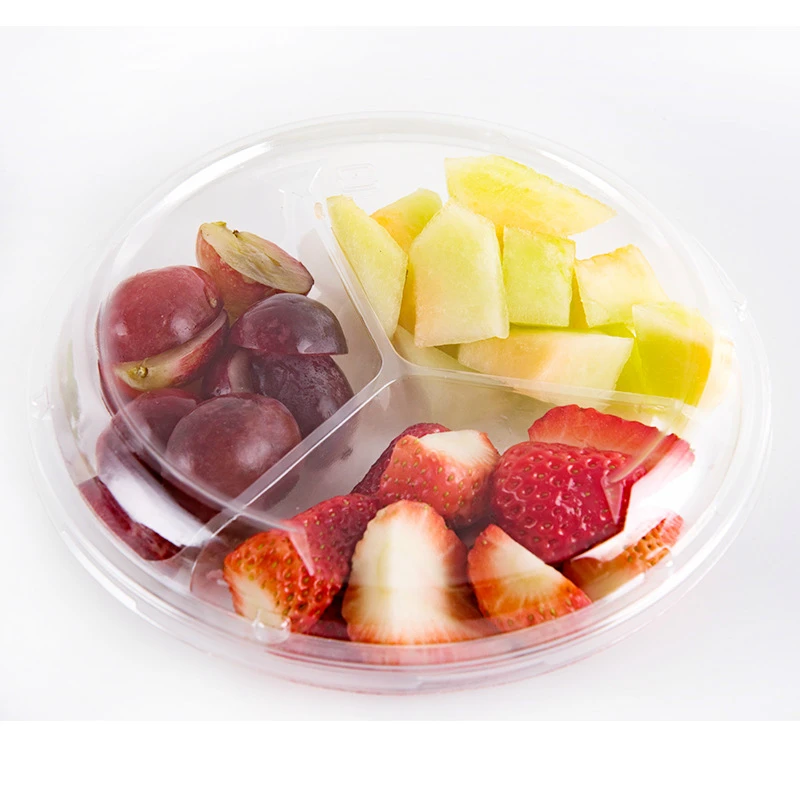 3 Separates Blister Disposable Round Plastic Fruit Salad Box take away PET packaging Food Container