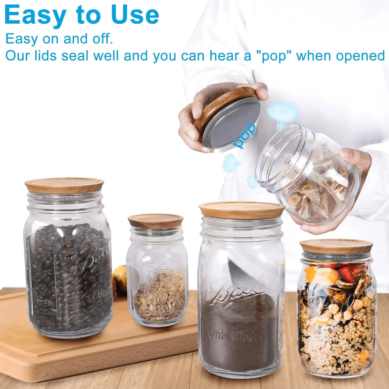 6 Pack Mason Jar Wooden Storage Lids, Reusable Canning Lids, Perfect for Wide Mouth Ball Weck Jars to Stack in Kitchen & Pantry