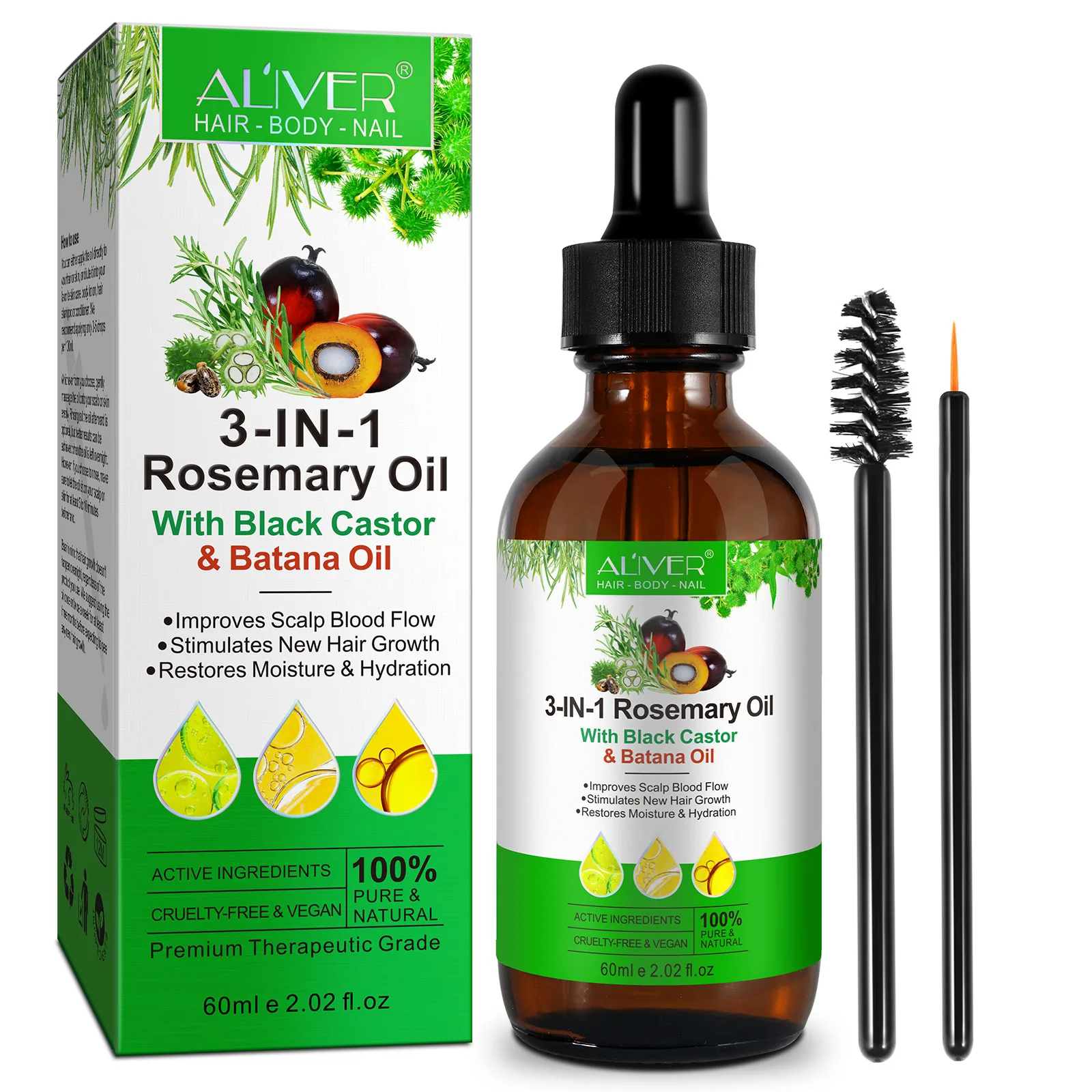 ALIVER stimulates scalp natural herbal miracle skin anti aging 3in1 rosemary black castor batana essential oil hair growth oil