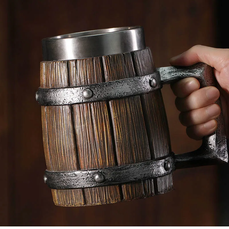 New Vintage Style 20 oz Germany Wood Barrel Double Wall Coffee Beer Cups Wooden Stainless Steel Handmade Resin Coffee Mug