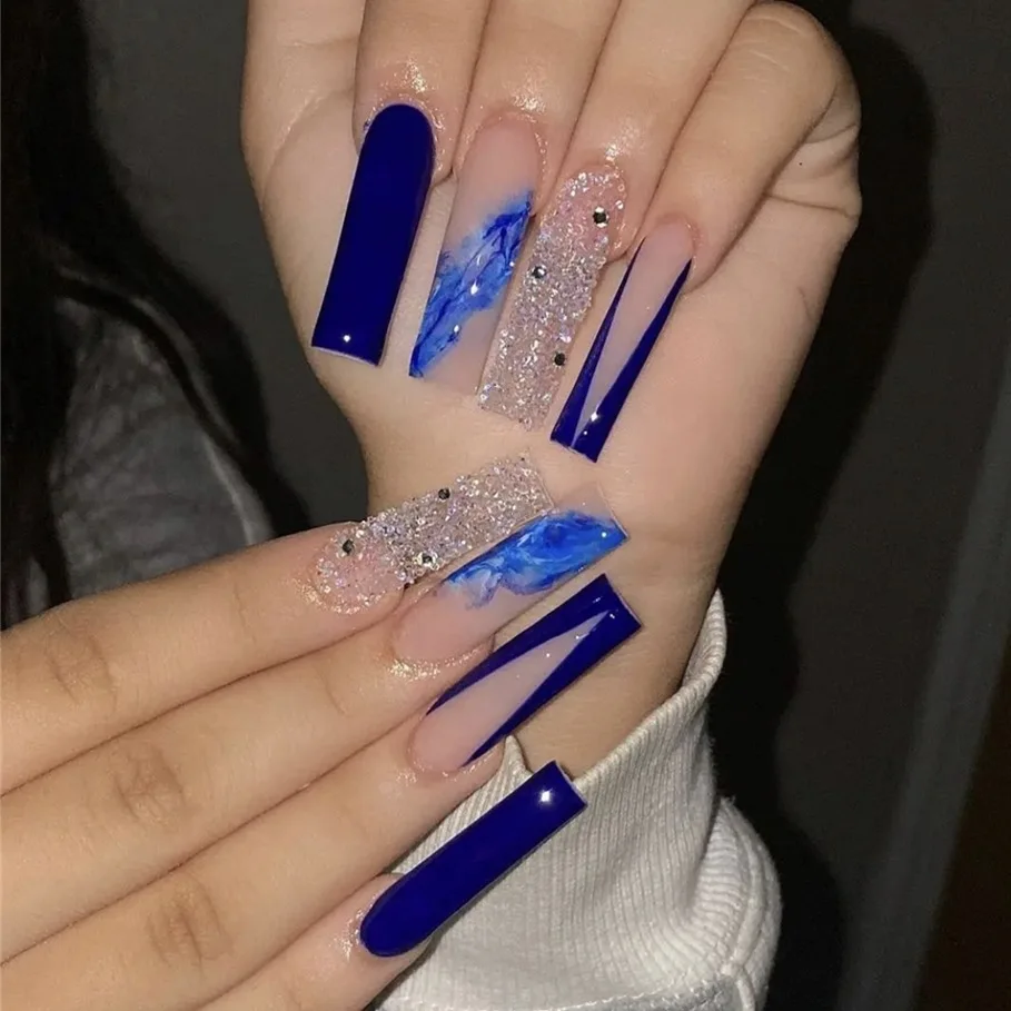 Ballerina Extra Long Press on Nails with Designs Blue False Fake Nail Acrylic Press On Coffin Artificial Nail for Women Stick on