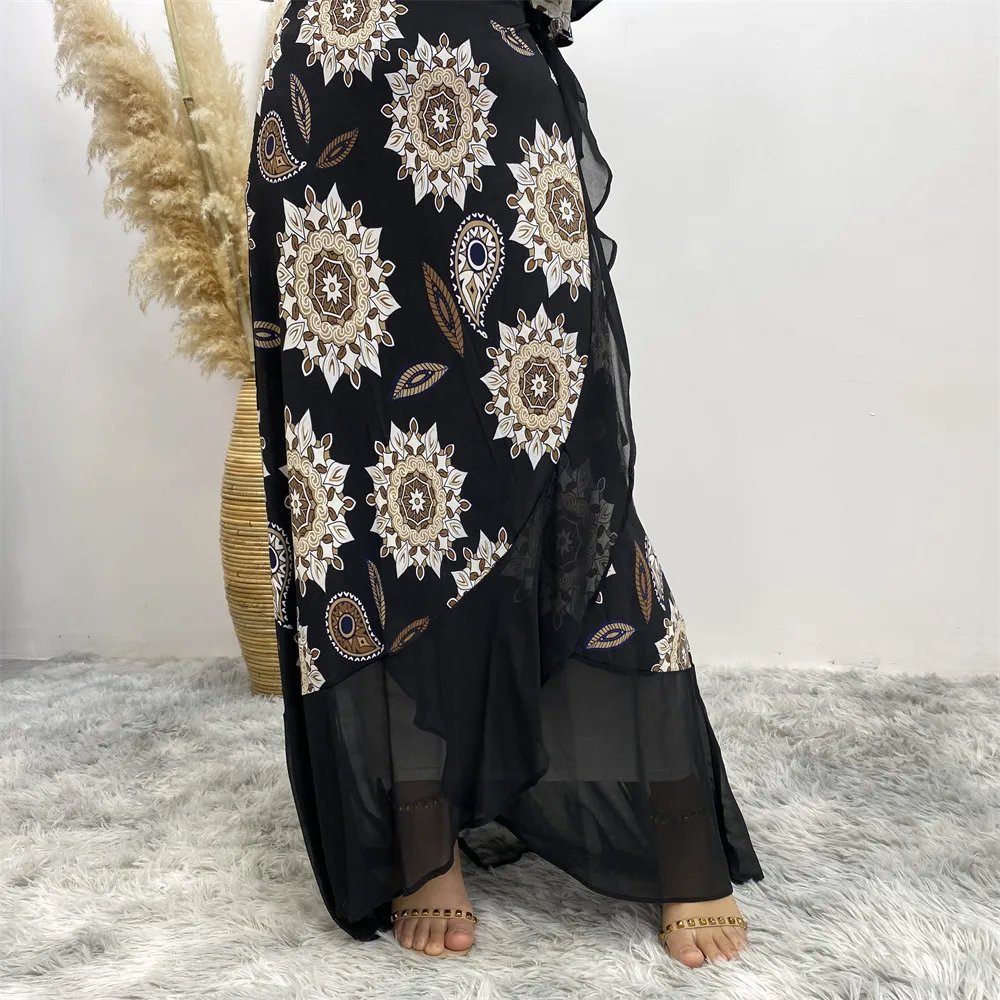 Fashion Lace Up Design Pretty Flowers Print Short Sleeves Splice Chiffon Bottom Women Summer Open Abaya