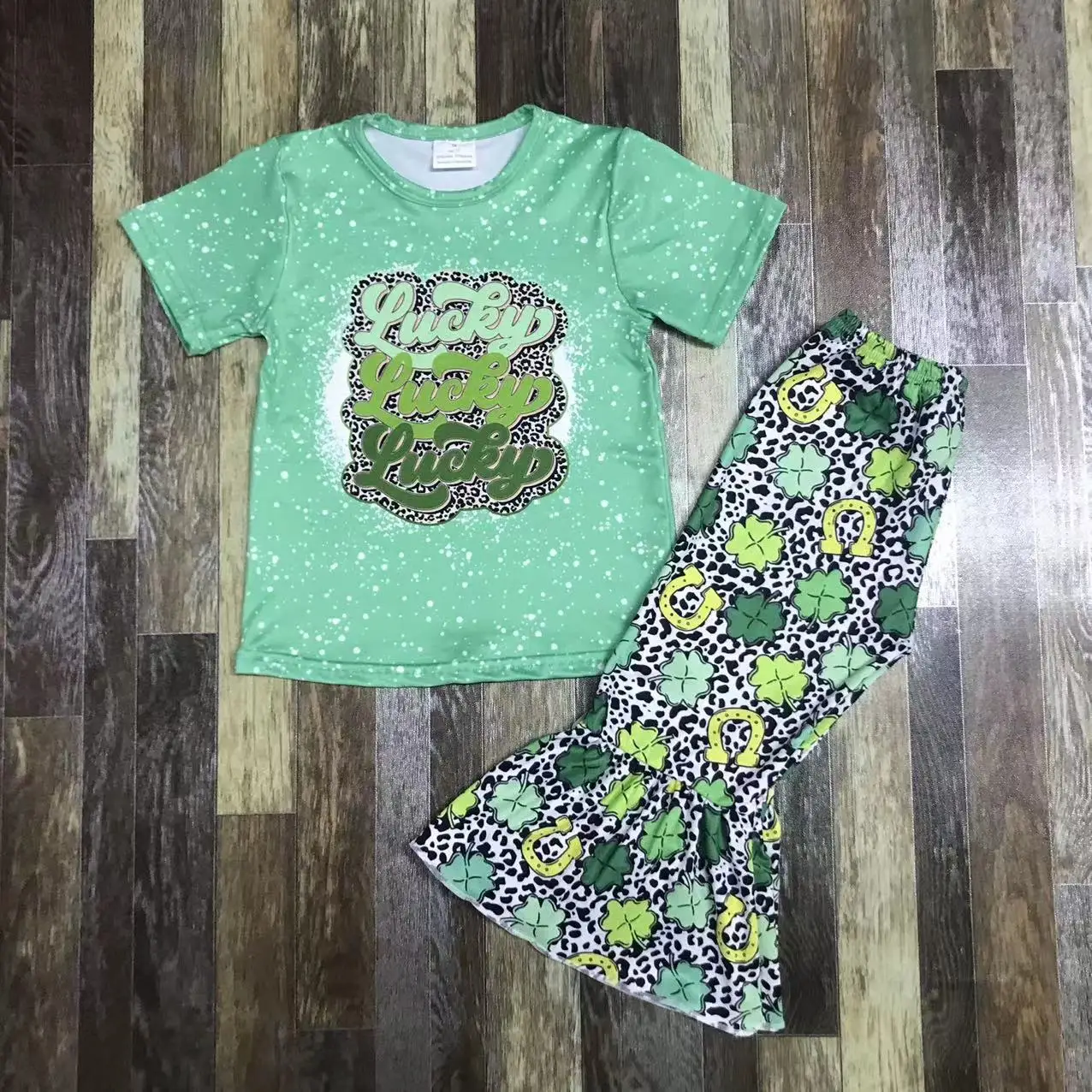 Boutique white spray-ink kids summer outfit cover truck print bell bottom wholesale clothing set