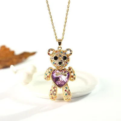 Lovers Jewelry Plated Dainty Long Sweater Chain Necklace Women Crystal Love Heart Teddy Bear Pendant Necklace for Her Gold Pearl