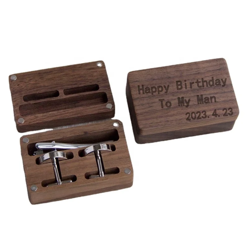 Walnut Box Wooden Gift Set with Tie Clip and cuff-link Engravable Name Laser