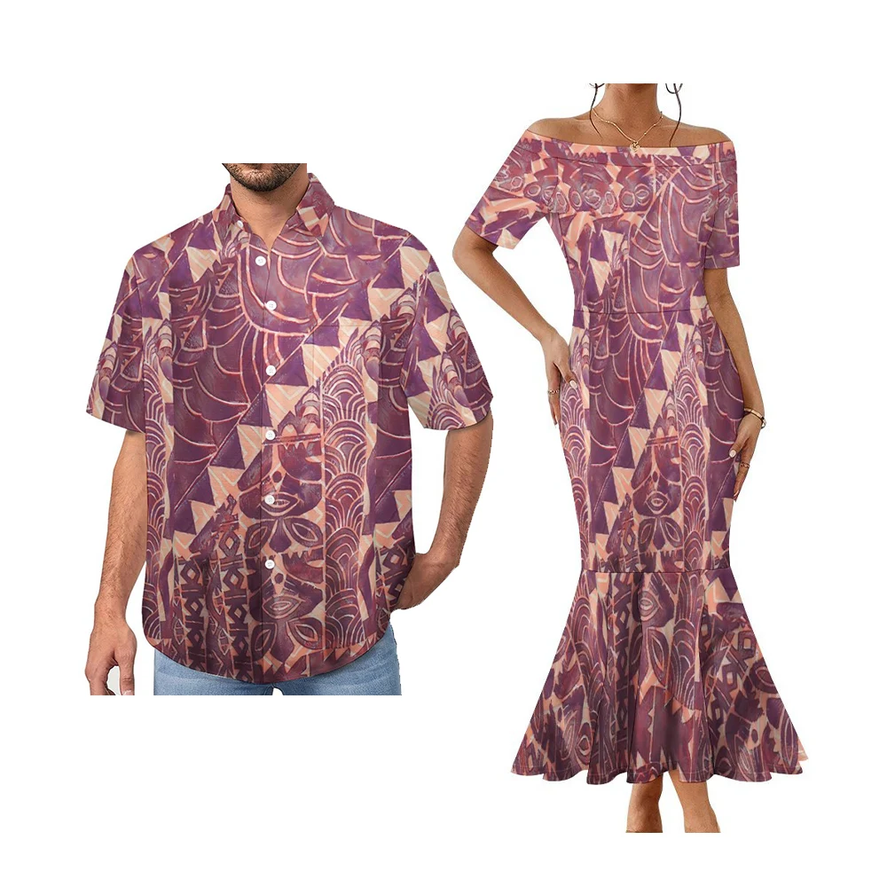 Polynesian Elei Tribal Design Custom Elegant  2 pcs Couple Clothes Mens Shirts Short-Sleeved One-Shoulder Fishtail Dress