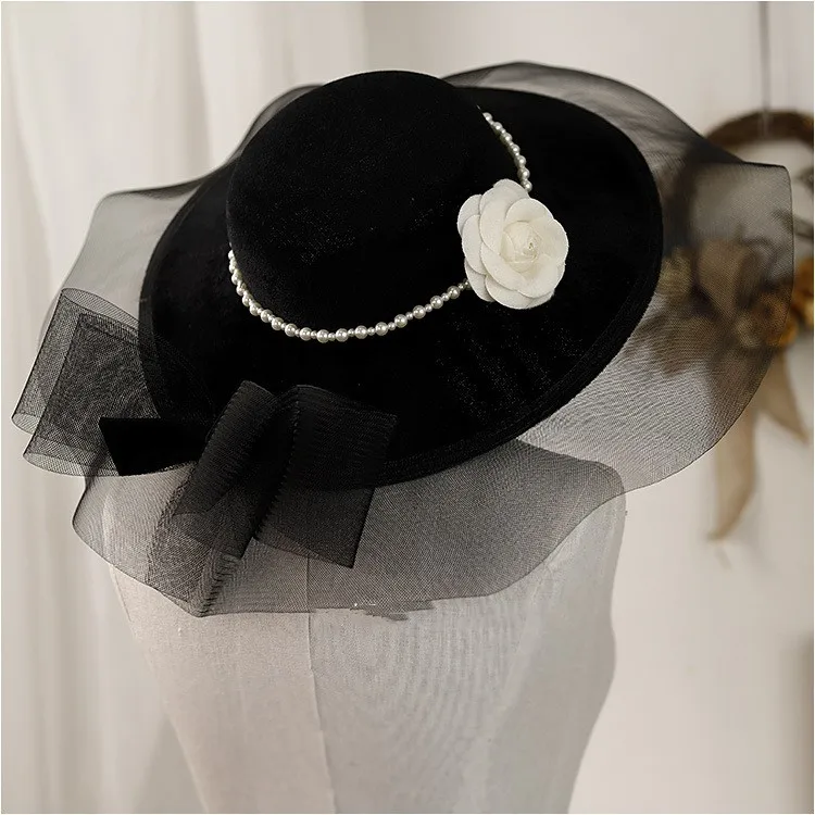 H7128B  Lady Black Fedoras Hat Ladies Mesh Yarn Fascinators Bridal Wedding Hats Veil Headdress Hats