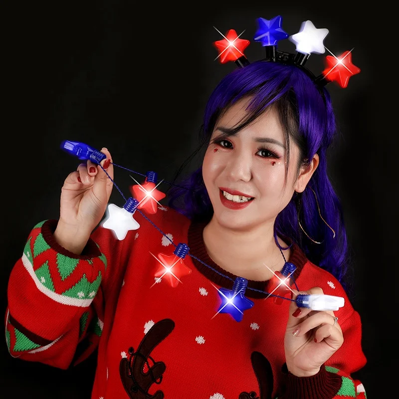 USA Fourth Of July LED Red,White&Blue Star Flashing Lights Patriotic Light-Up Necklace For Party