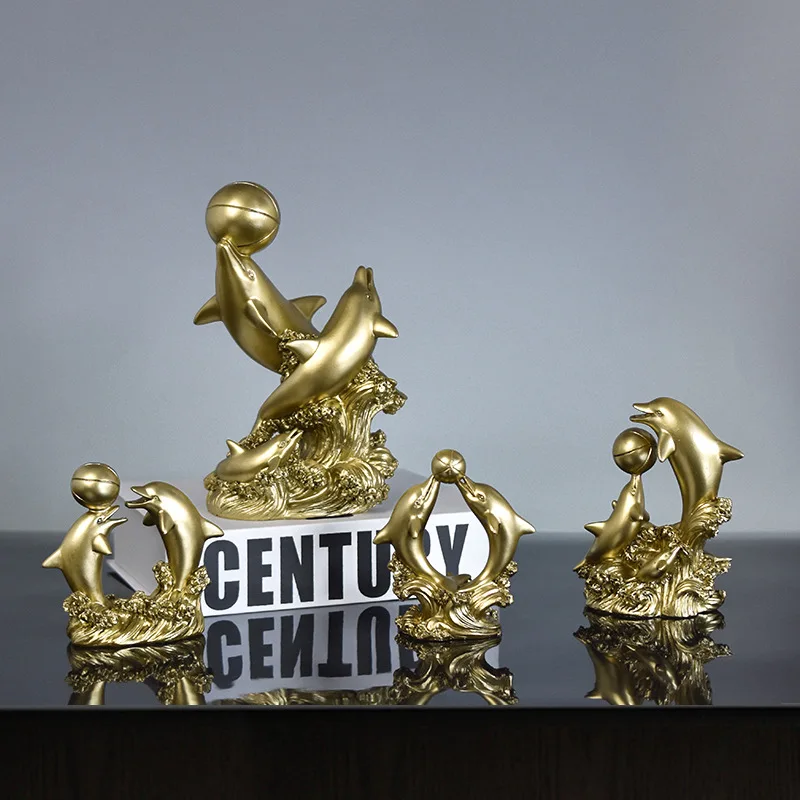 resin craft small dolphin sculpture for home office decorative artificial gold resin dolphin statue figurine art home decor item