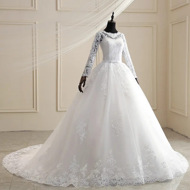 
W1019 Women Elegant Long Sleeve Lace Bandage Floor Length Long Tail Wedding Dress Bridal Dress 