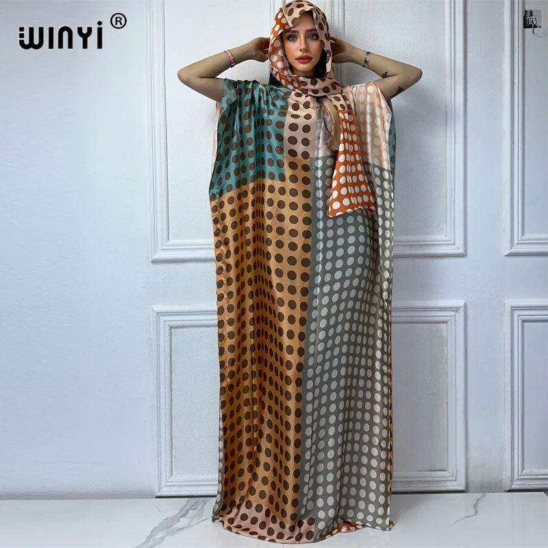 WINYI muslim african dresses for woman dubai abaya Crew Neck Wave dot print Kaftan Dress, Elegant Maxi Length Dress, maxi dress