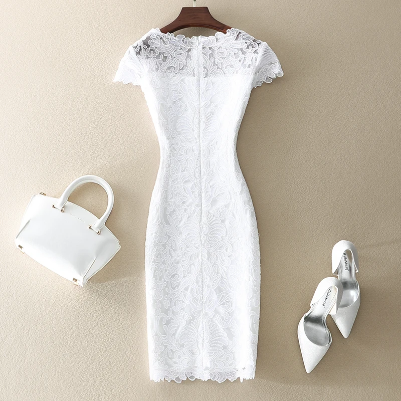 
Pure White Dress Summer Lace Bag Hip Mesh Female Short Sleeve Temperament Hepburn Style White Dress 