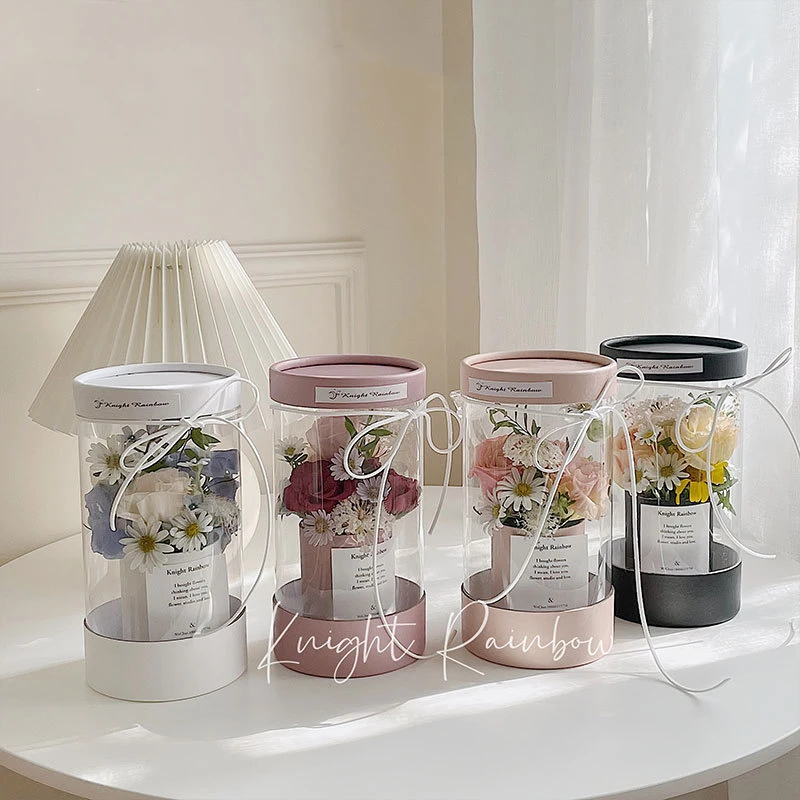Transparent clear empty rose flower valentines day gift box cylinder small with lid for valentines mothers day flower packaging