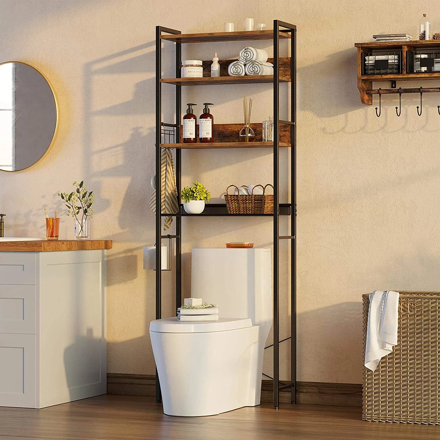 Bathroom Space Saver, 4-Tier Over The Toilet Storage Rack, Wooden Freestanding Bathroom Organizer