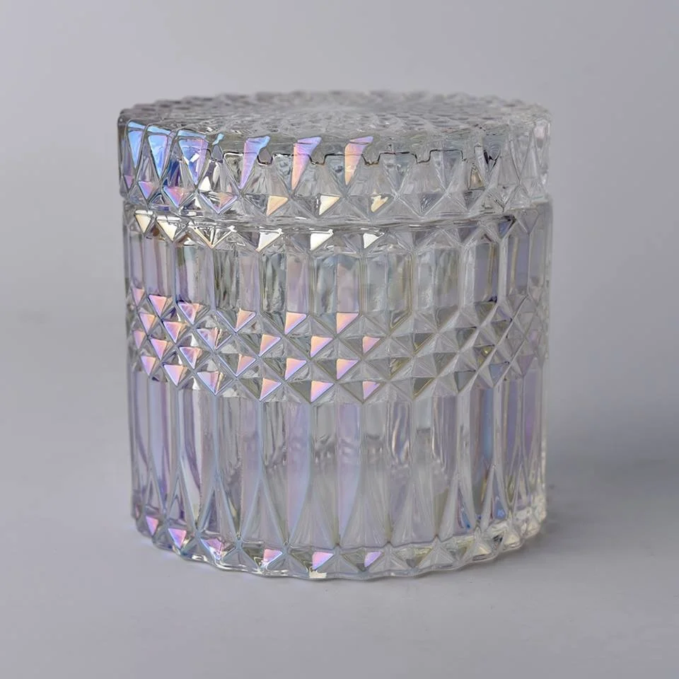 Iridescent geo-cut glass candle jars with lids and glass lids