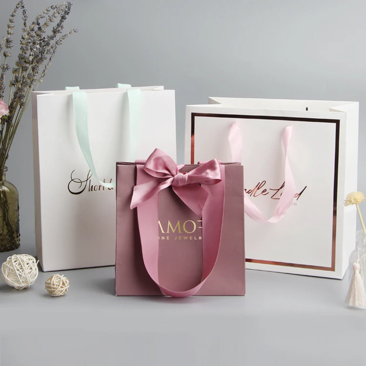 Cheap White Luxury Ribbon Handles Wedding Jewellery Gift Packaging Custom Printed Shopping Paper Bags With Your Own Logo