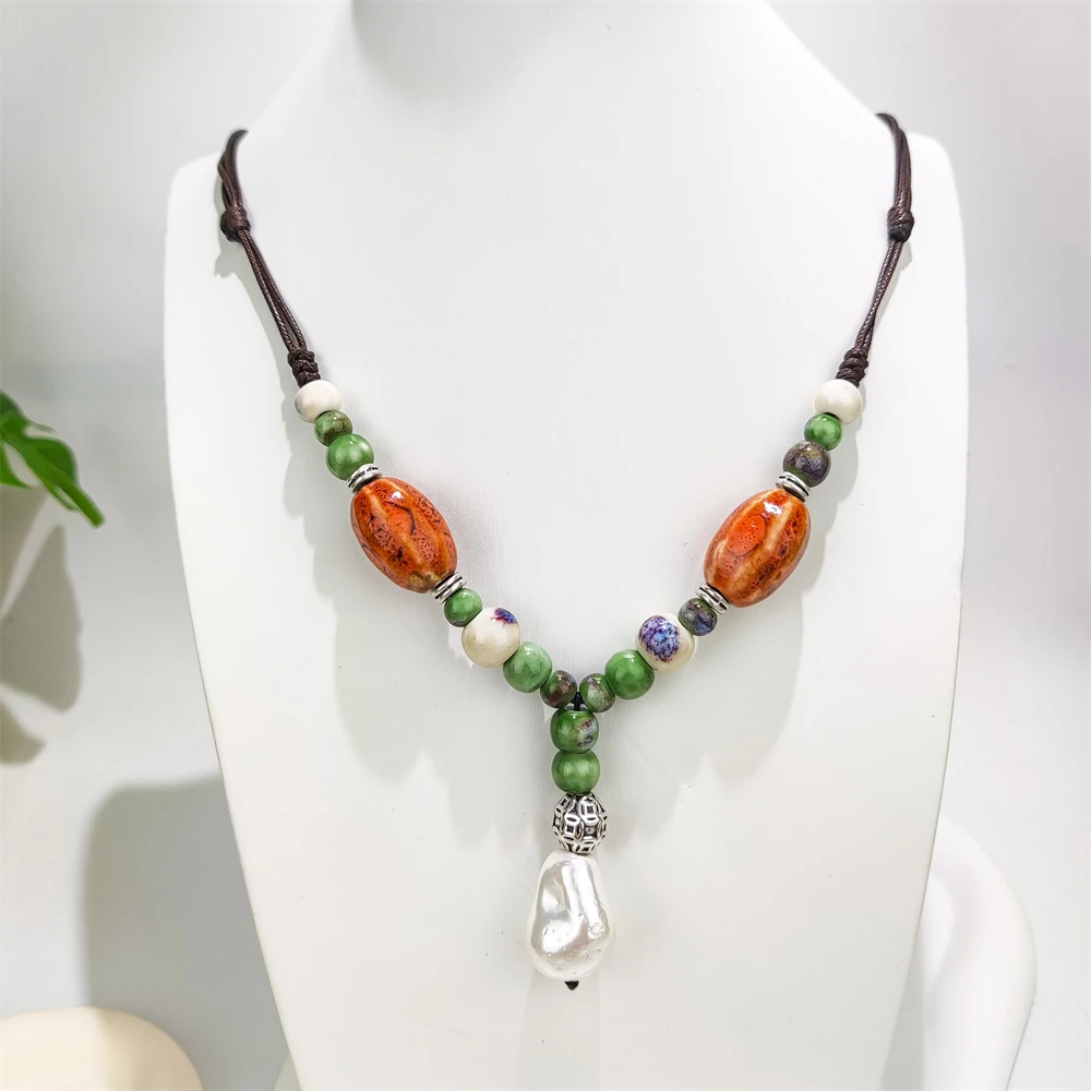 Bohemian Jewelry Colorful Beads Hand Woven Rope Necklace Trendy Ceramic Beads Retro Necklace with Shell Pearl Pendants for Sale